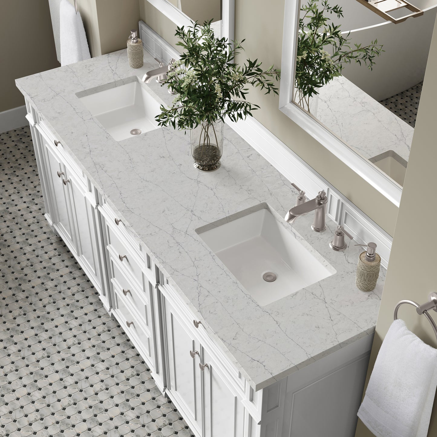 Renovate for Less Atlanta Bristol 72" Double Vanity, Bright White w/ 3 CM Eternal Jasmine Pearl Silestone Top