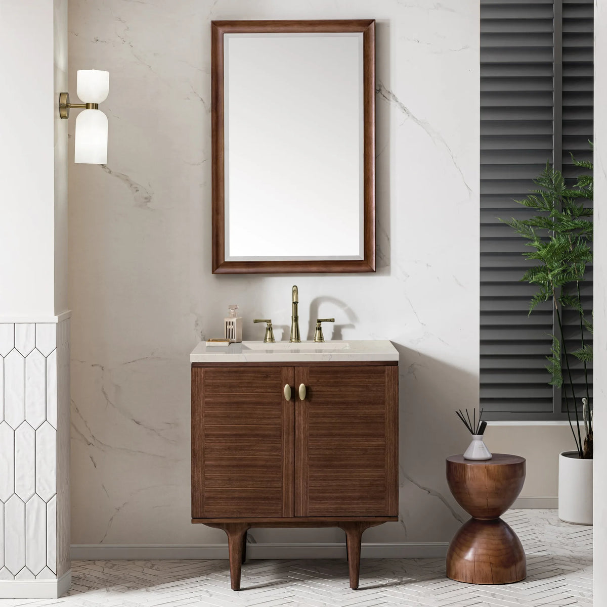 Amberly 30" Single Vanity, Mid-Century Walnut, w/ 3 CM Siberian Silestone Top