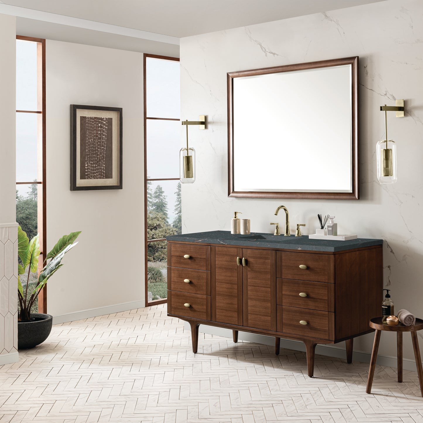 Renovate for Less Atlanta Amberly 60" Single Vanity, Mid-Century Walnut w/ 3 CM Parisien Bleu Top