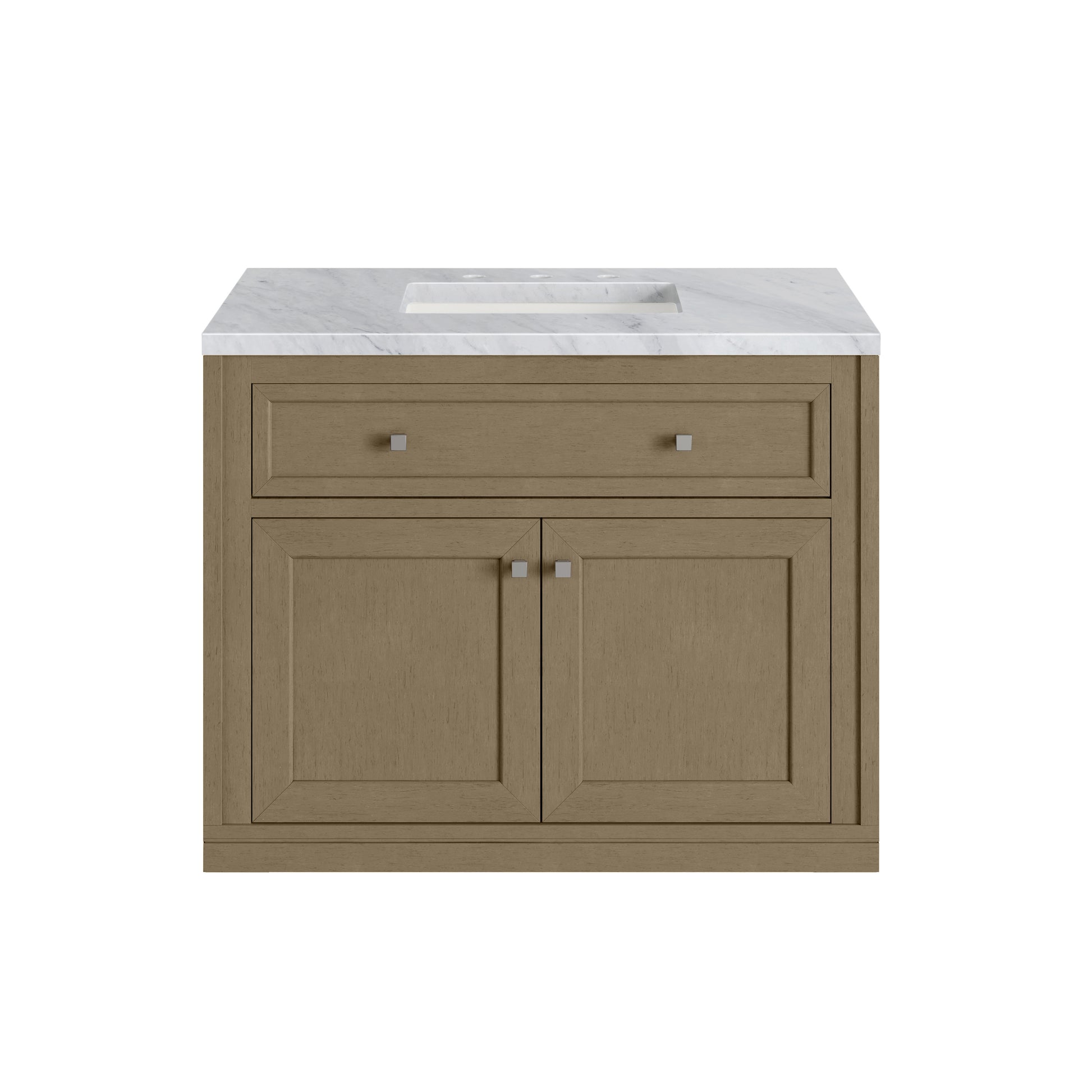 Renovate for Less Atlanta Chicago 36" Single Vanity, Walnut Whisper, w/ 3 CM Carrara Marble Top