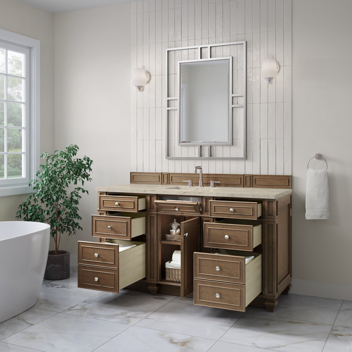 Renovate for Less Atlanta Bristol 60" Single Vanity, Saddle Brown, w/ 3 CM Tajnar Eclos Top