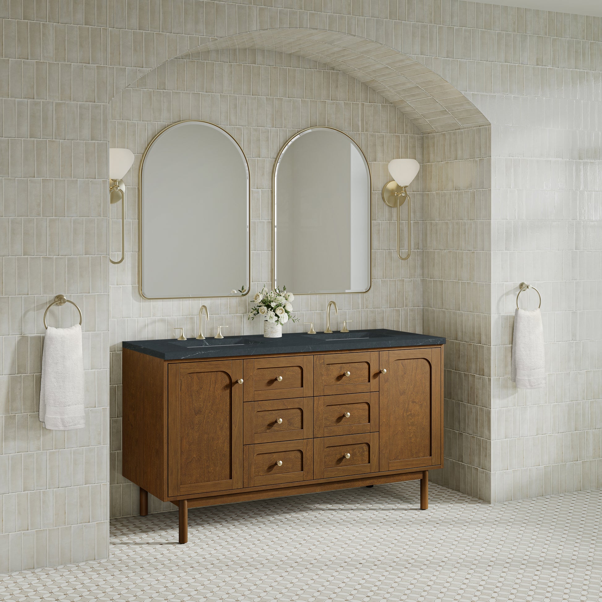 Renovate for Less Atlanta Laurent 60" Double Vanity, Honey Oak w/ 3 CM Charcoal Soapstone Silestone Top