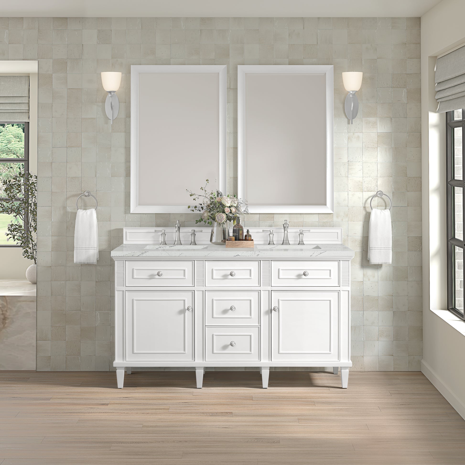Renovate for Less Atlanta Lorelai 60" Double Vanity, Bright White w/ 3 CM Ethereal Noctis Silestone Top w/FreePower Wireless Charger