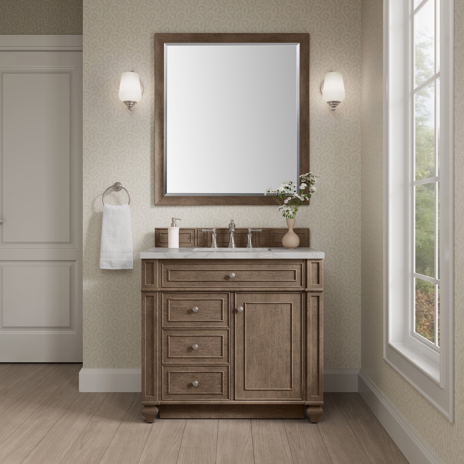 Renovate for Less Atlanta Bristol 36" Single Vanity, Whitewashed Walnut w/ 3 CM Victorian Silver Silestone Top