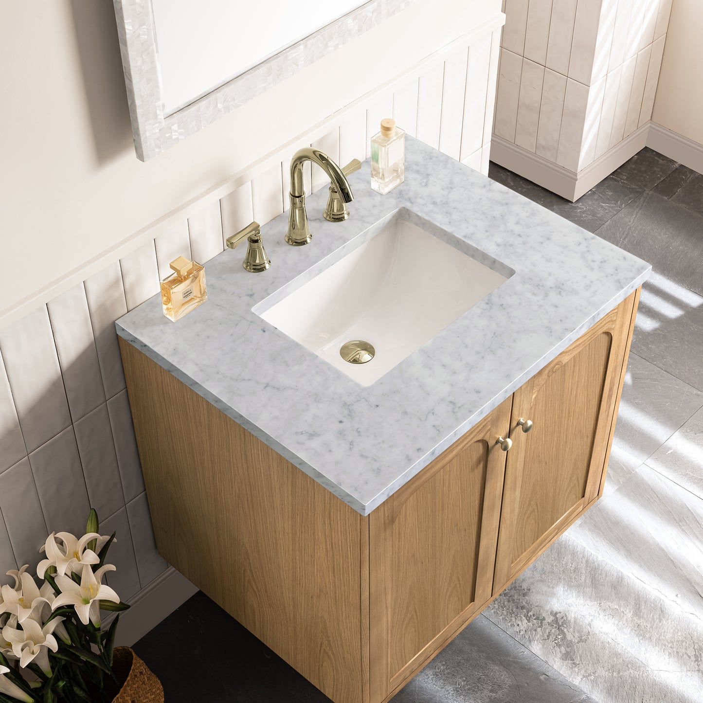 Renovate for Less Atlanta Laurent 30" Single Vanity, Light Natural Oak w/ 3 CM Carrara Marble Top