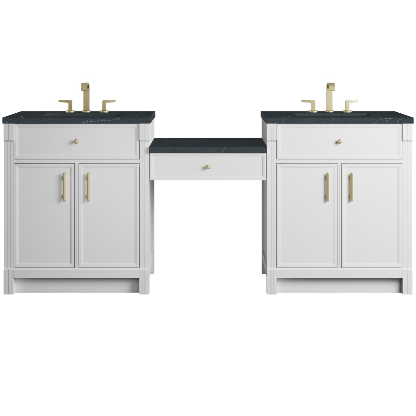 Renovate for Less Atlanta Bellshire 84" Dual Vanity Set with 24" Make-Up Counter, Bright White w/3 cm Charcoal Soapstone Silestone Top