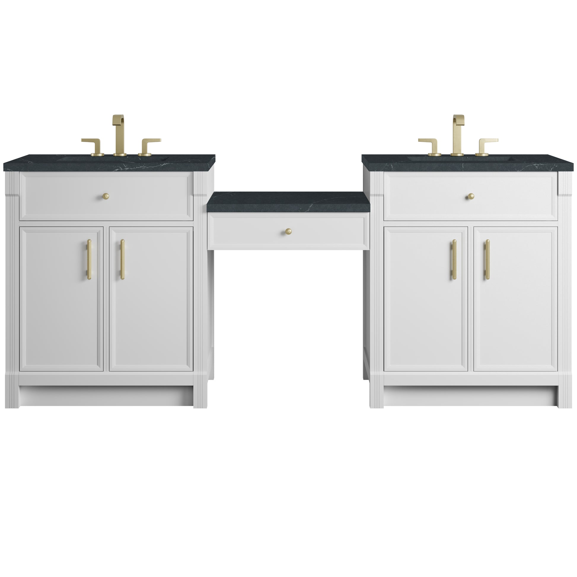 Renovate for Less Atlanta Bellshire 84" Dual Vanity Set with 24" Make-Up Counter, Bright White w/3 cm Charcoal Soapstone Silestone Top