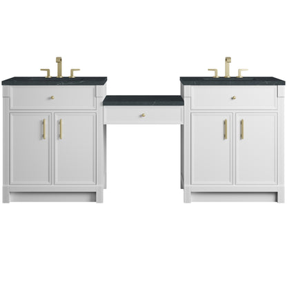Renovate for Less Atlanta Bellshire 84" Dual Vanity Set with 24" Make-Up Counter, Bright White w/3 cm Charcoal Soapstone Silestone Top