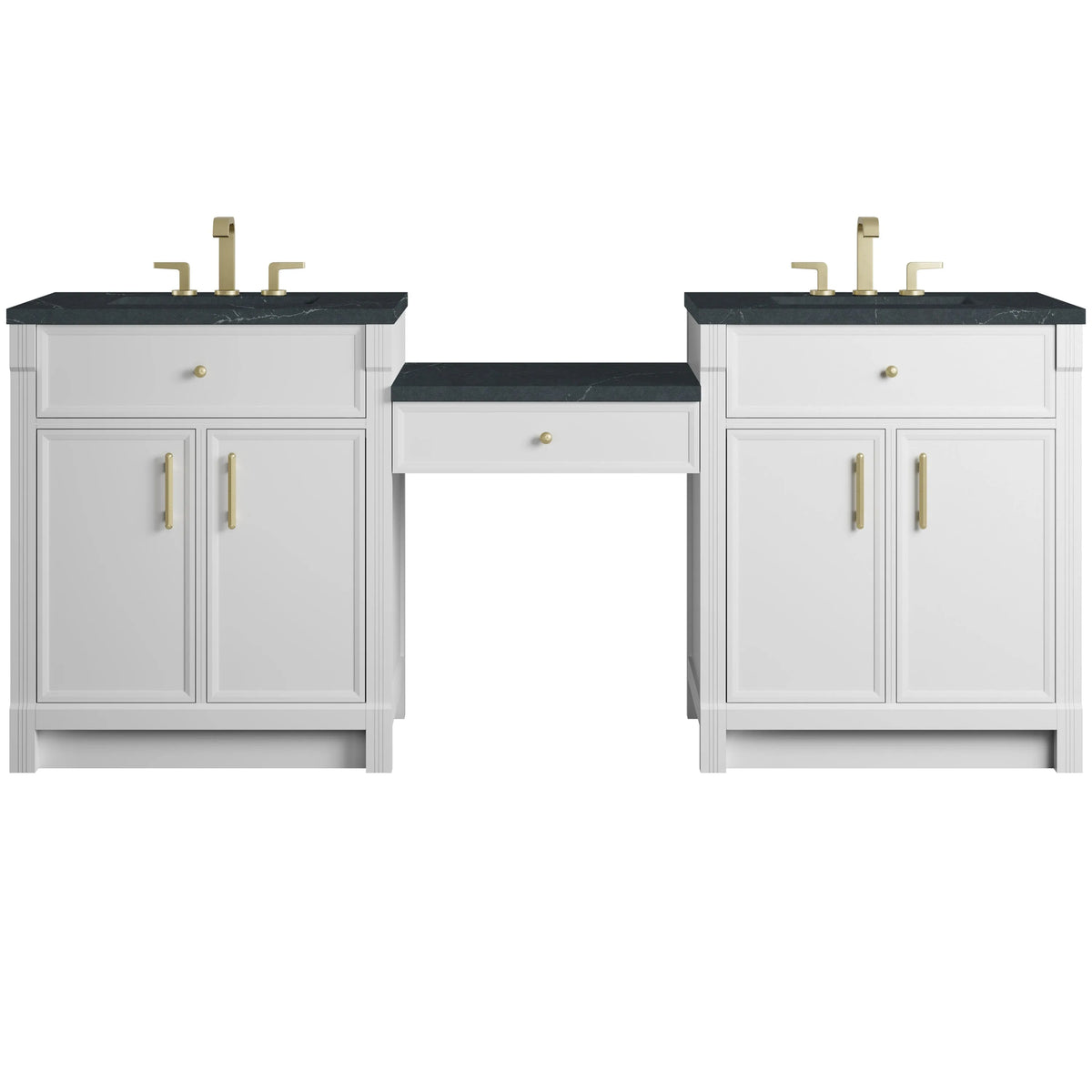 Bellshire 84" Dual Vanity Set with 24" Make-Up Counter, Bright White w/3 cm Charcoal Soapstone Silestone Top
