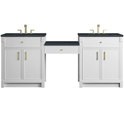 Bellshire 84" Dual Vanity Set with 24" Make-Up Counter, Bright White w/3 cm Charcoal Soapstone Silestone Top