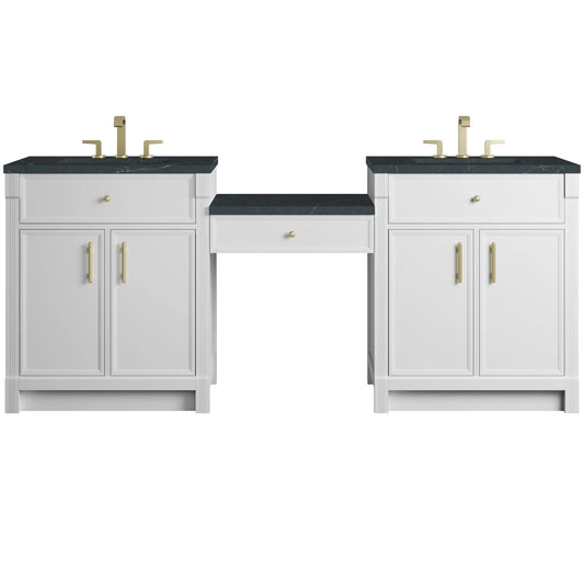 Bellshire 84" Dual Vanity Set with 24" Make-Up Counter, Bright White w/3 cm Charcoal Soapstone Silestone Top