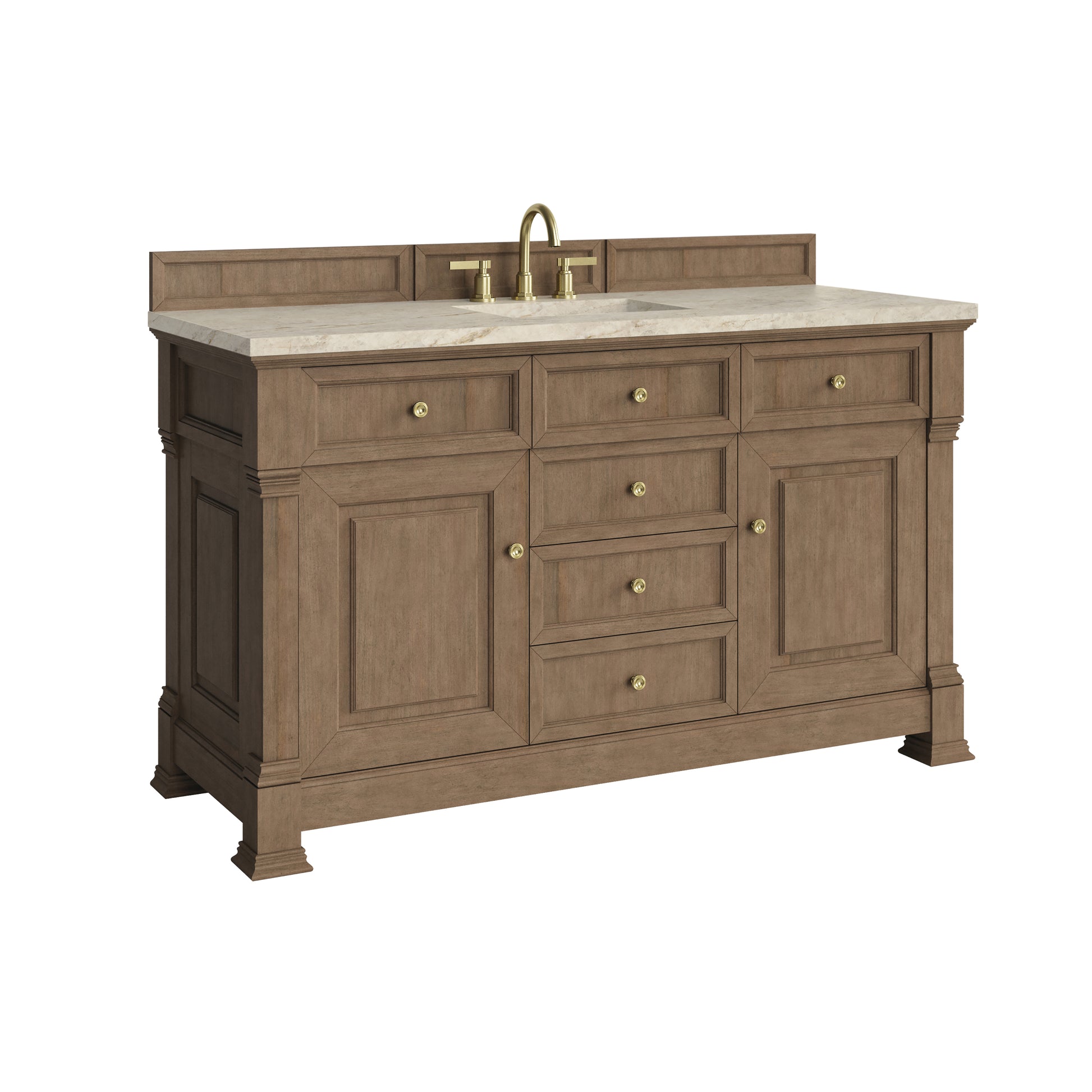 Renovate for Less Atlanta Brookfield 60" Single Vanity, Pecan, w/ 3 CM Tajnar Eclos Top w/FreePower Wireless Charger