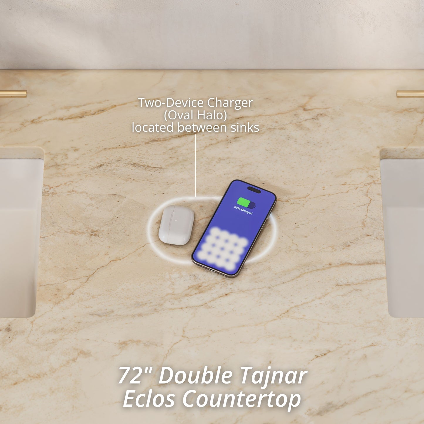 Renovate for Less Atlanta Solene 72" Double Vanity, Seaside Oak, w/ 3 CM Tajnar Eclos Top w/FreePower Wireless Charger