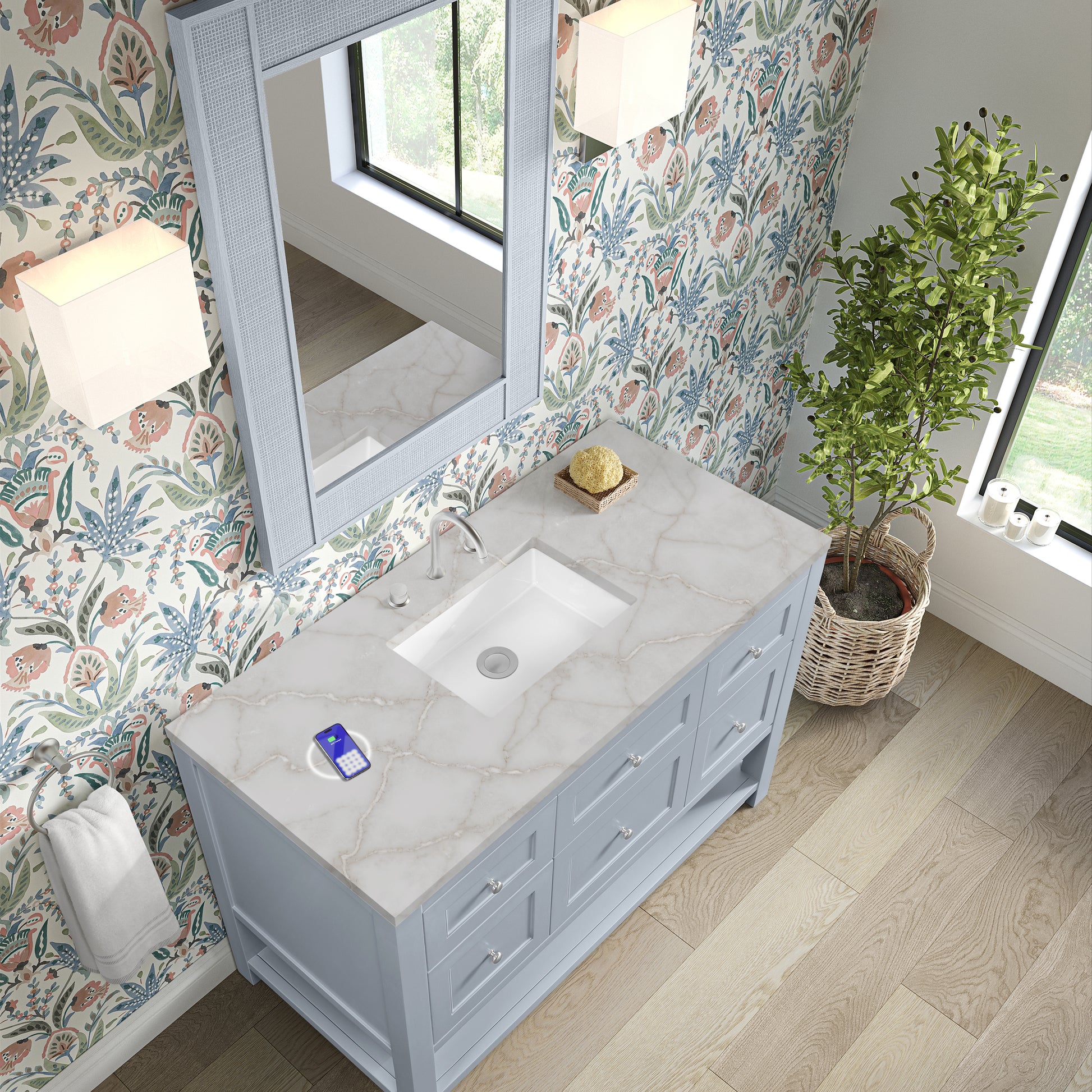 Renovate for Less Atlanta Breckenridge 48" Single Vanity, Serenity Blue, w/ 3 CM Victorian Silver Quartz Top w/FreePower Wireless Charger