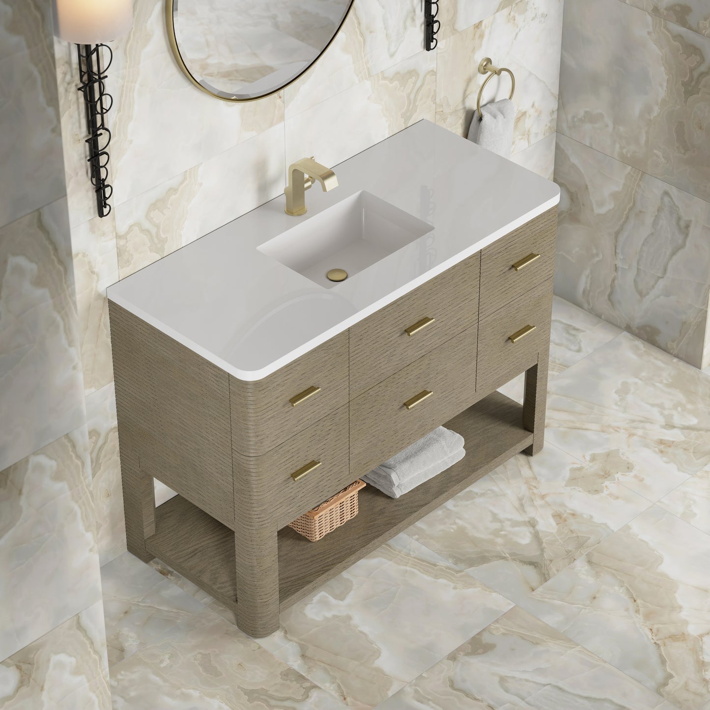 Renovate for Less Atlanta Lucian 48" Single Vanity, Pebble Oak w/ 3 CM White Zeus Silestone Top