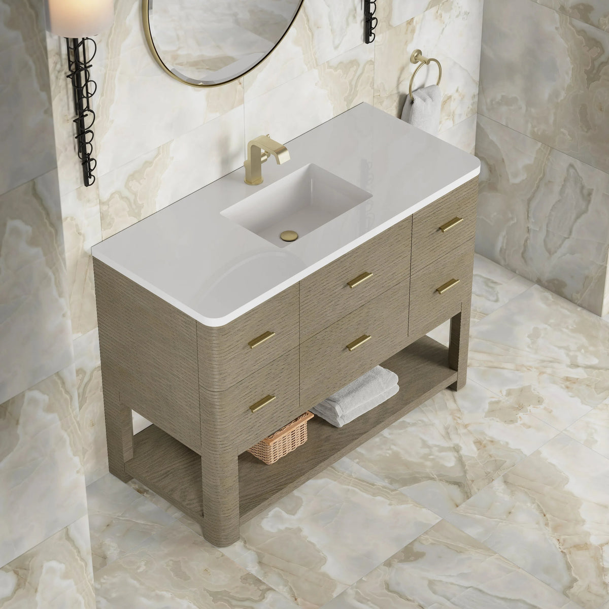 Lucian 48" Single Vanity, Pebble Oak w/ 3 CM White Zeus Silestone Top