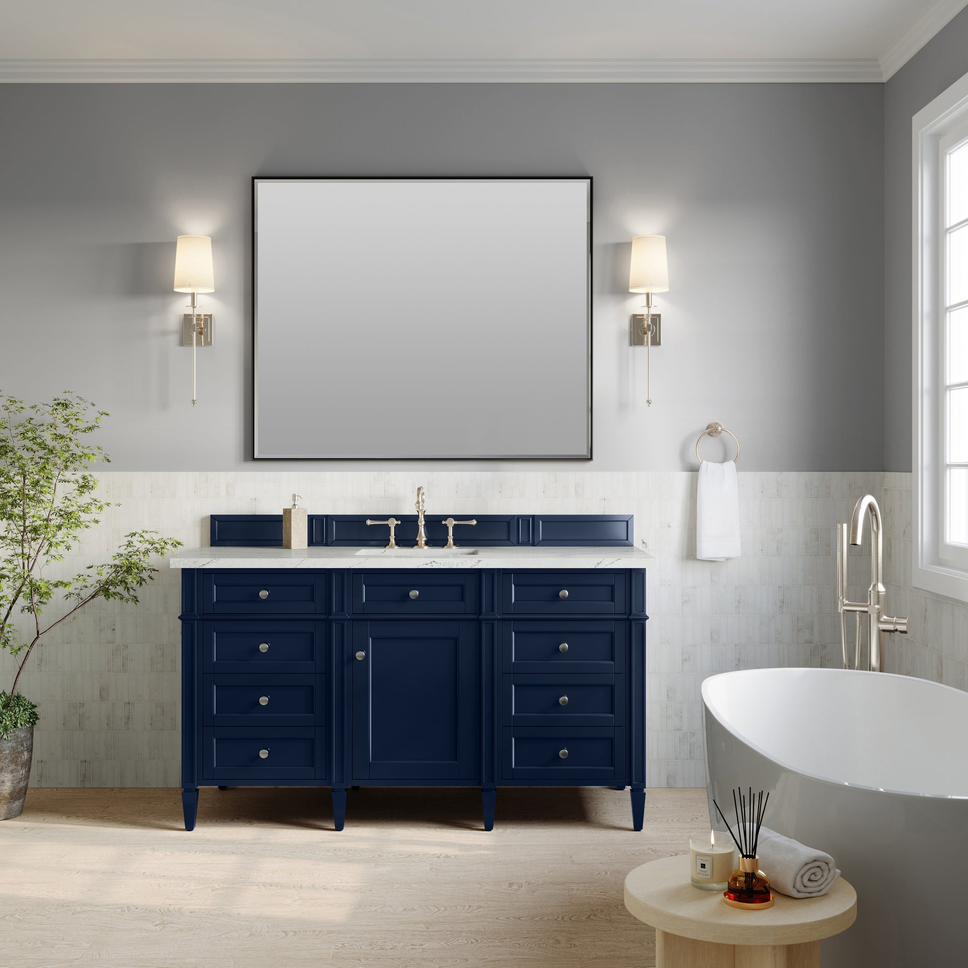 Renovate for Less Atlanta Brittany 60" Single Vanity, Victory Blue w/ 3 CM Ethereal Noctis Silestone Top