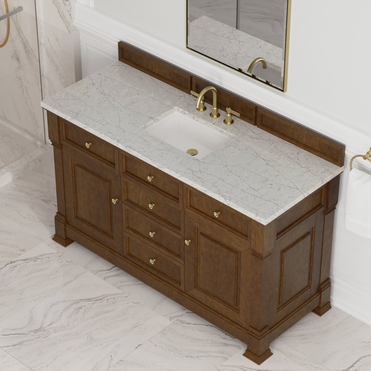 Renovate for Less Atlanta Brookfield 60" Single Vanity, Honey Oak w/3 CM Eternal Jasmine Pearl Silestone Top w/ FreePower Wireless Charger