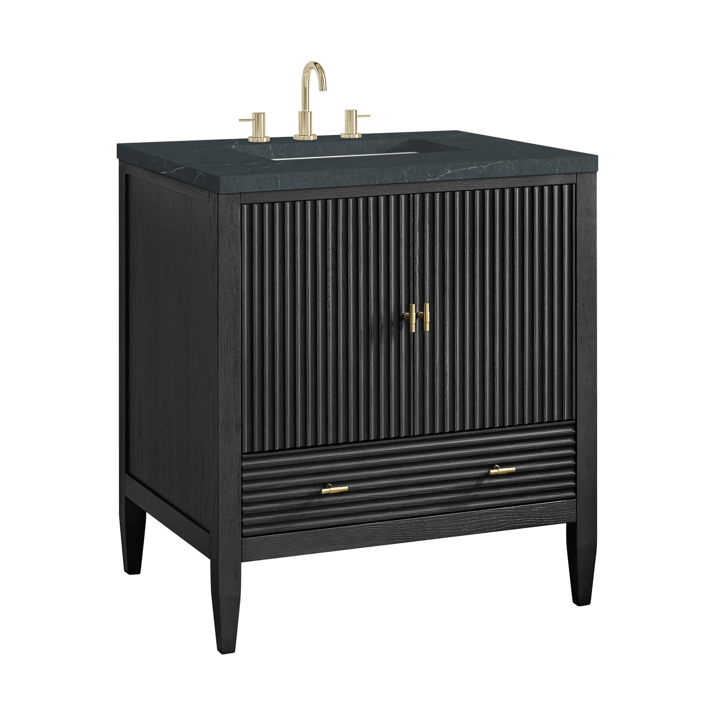 Renovate for Less Atlanta Myrrin 30" Single Vanity, Carbon Oak w/ 3 CM Charcoal Soapstone Silestone Top