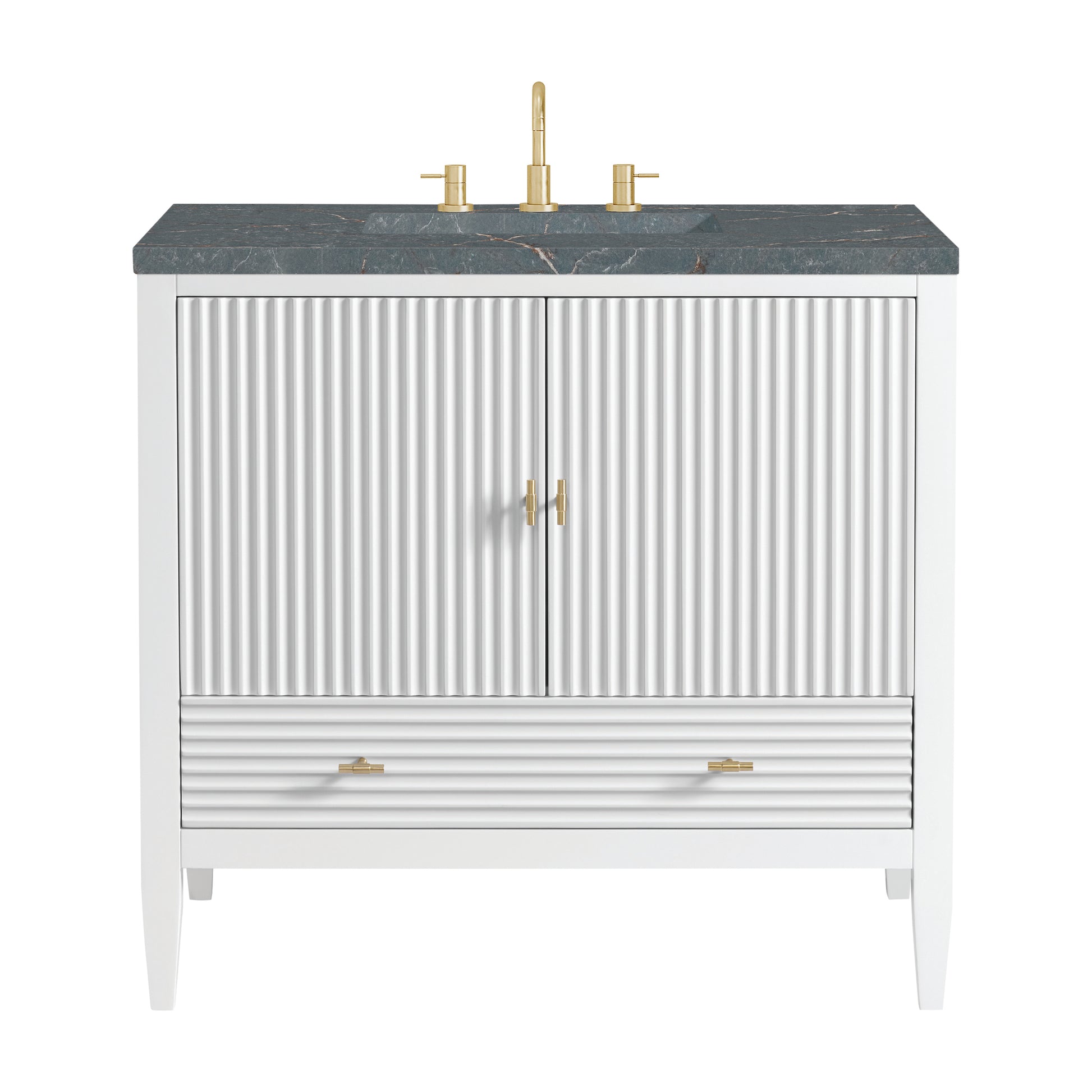 Renovate for Less Atlanta Myrrin 36" Vanity, Bright White w/ 3 CM Parisien Bleu Silestone Top