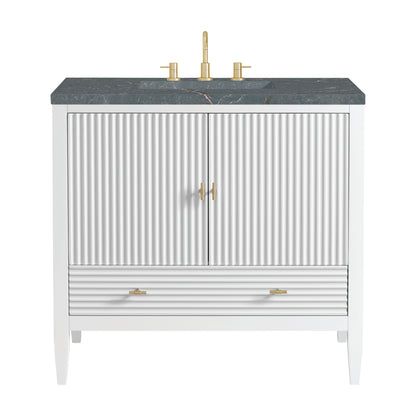 Renovate for Less Atlanta Myrrin 36" Vanity, Bright White w/ 3 CM Parisien Bleu Silestone Top