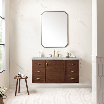 Renovate for Less Atlanta Amberly 48" Single Vanity, Mid-Century Walnut w/ 3 CM Victorian Silver Top w/FreePower Wireless Charger