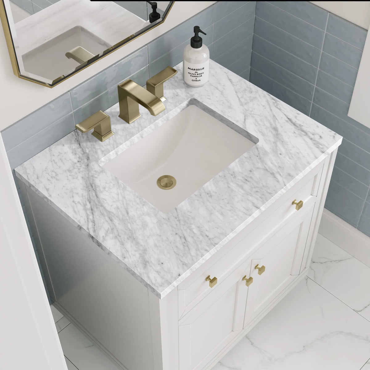 Chicago 30" Single Vanity, Glossy White, w/ 3 CM Carrara Marble Top