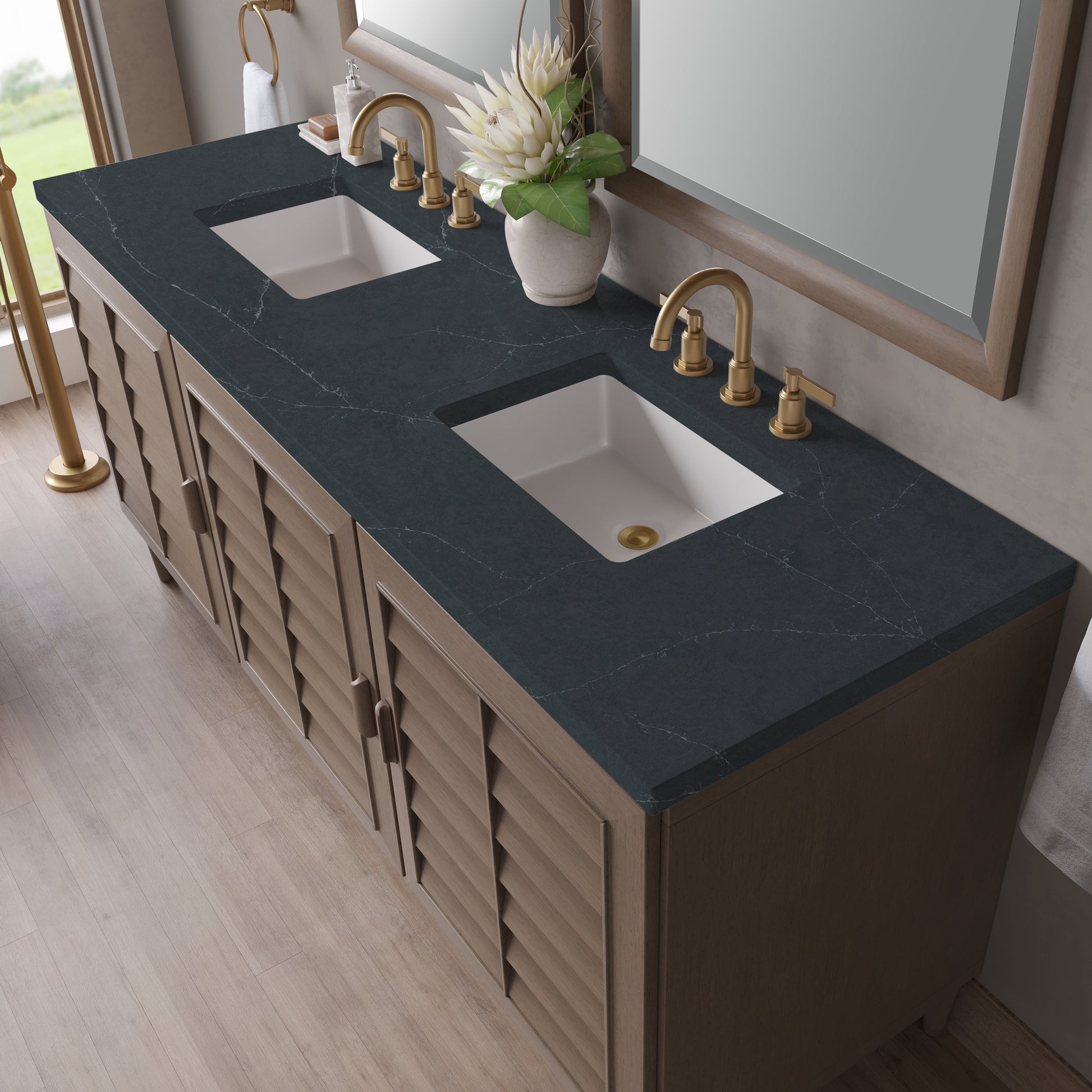 Renovate for Less Atlanta Portland 72" Double Vanity Whitewashed Walnut w/ 3 CM Charcoal Soapstone Silestone Top
