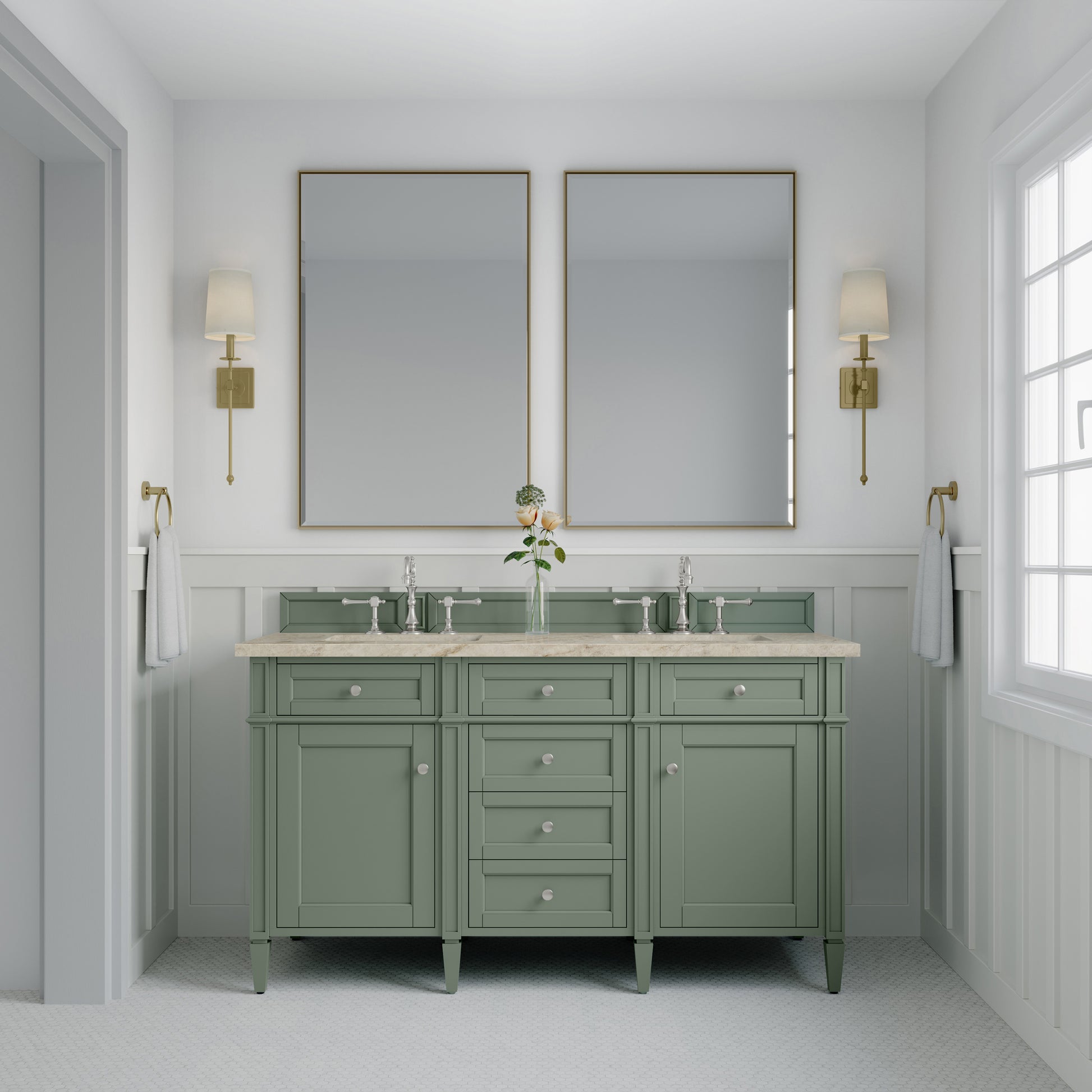 Renovate for Less Atlanta Brittany 60" Double Vanity, Smokey Celadon, w/ 3 CM Tajnar Eclos Top