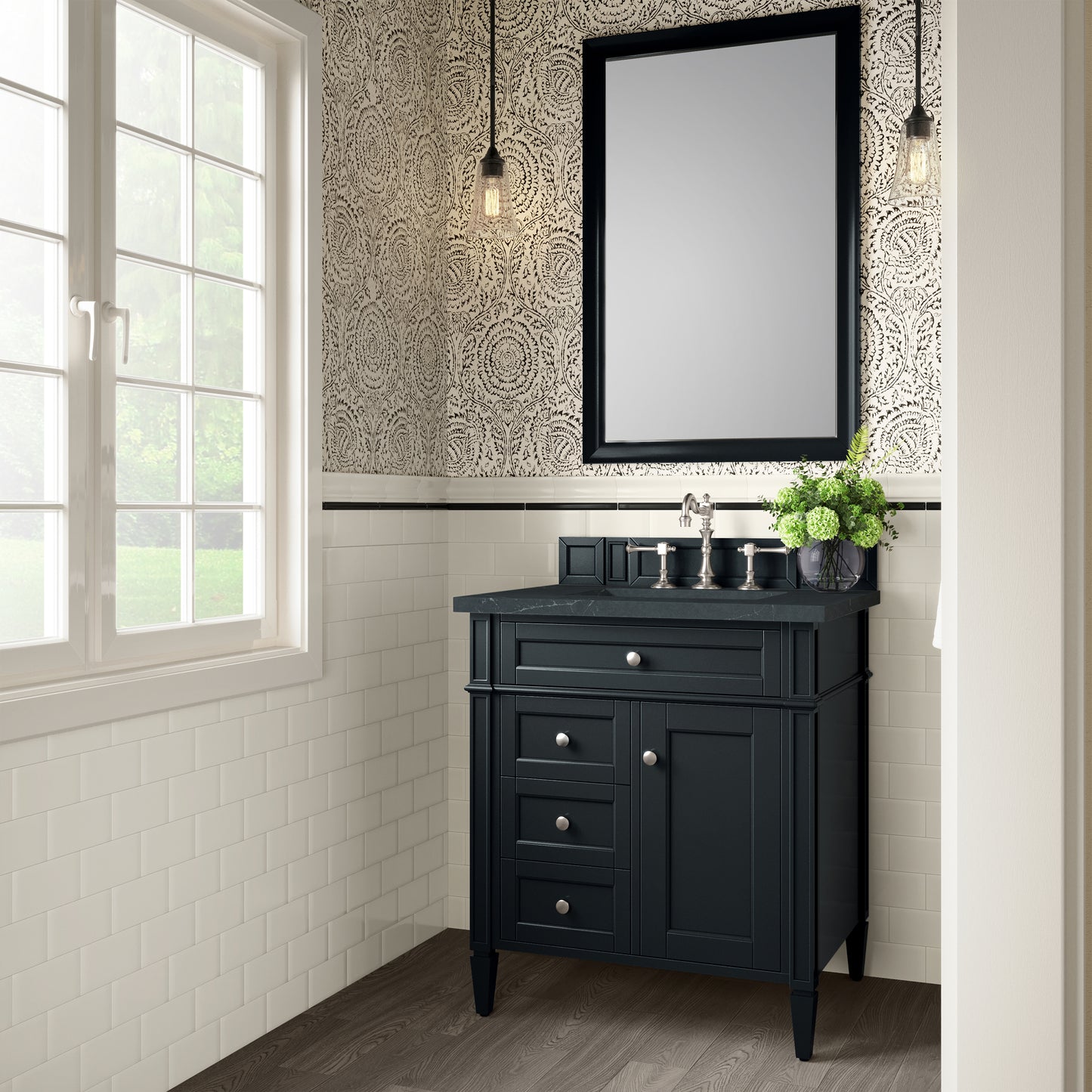 Renovate for Less Atlanta Brittany 30" Single Vanity, Black Onyx, w/ 3 CM Charcoal Soapstone Silestone Top