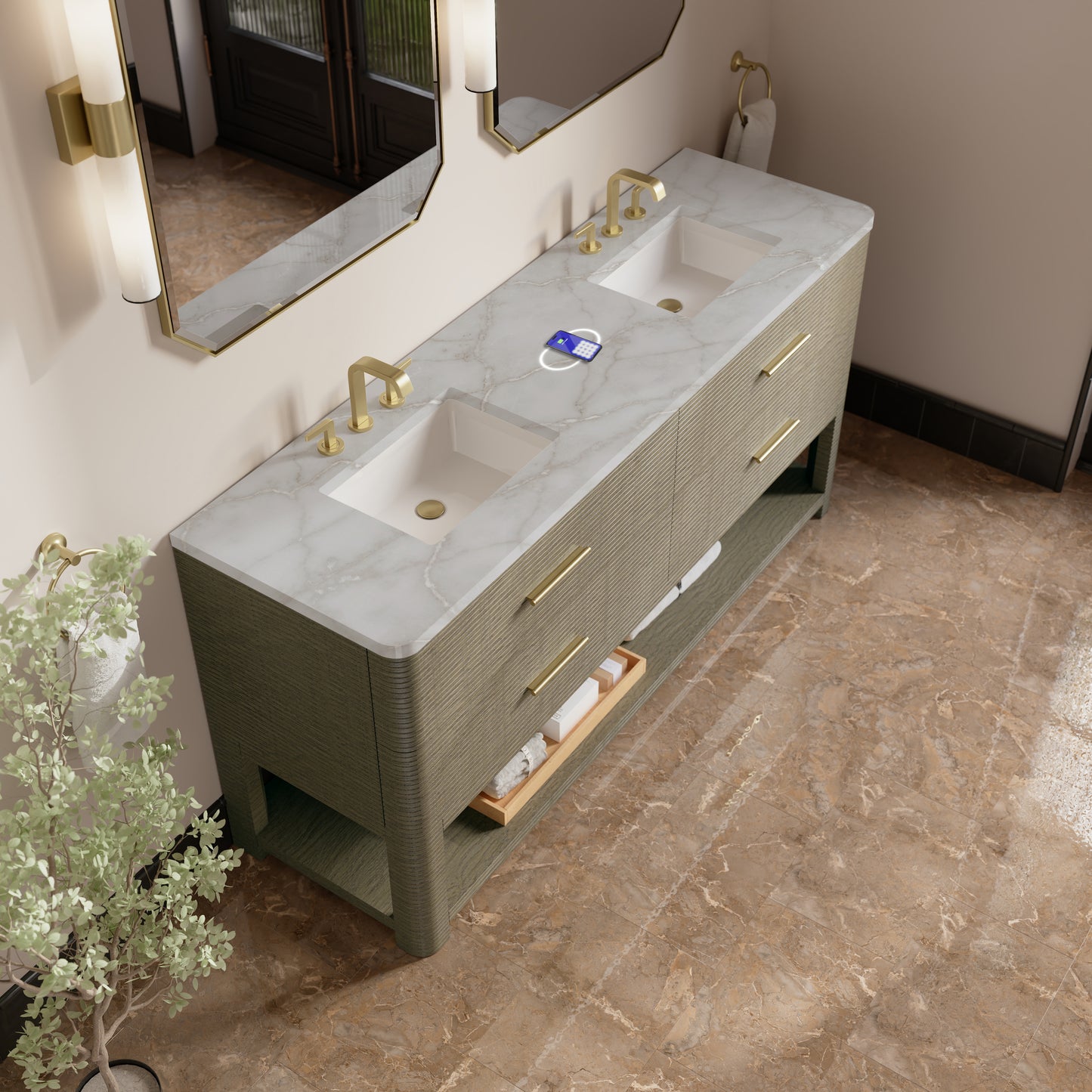 Renovate for Less Atlanta Lucian 72" Double Vanity, Pebble Oak w/ 3 CM Victorian Silver Silestone Top w/FreePower Wireless Charger