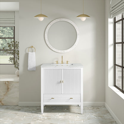 Renovate for Less Atlanta Myrrin 30" Single Vanity, Bright White w/ 3 CM Ethereal Noctis Silestone Top