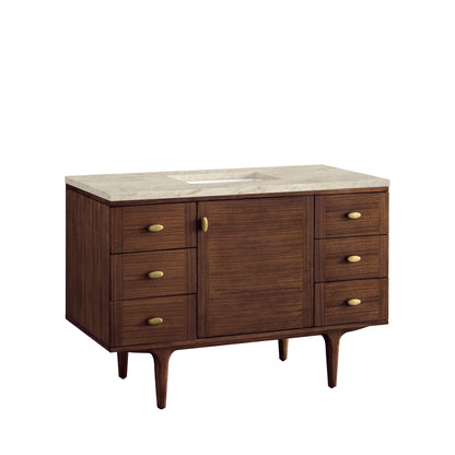 Renovate for Less Atlanta Amberly 48" Single Vanity, Mid-Century Walnut, w/ 3 CM Tajnar Eclos Top w/FreePower Wireless Charger