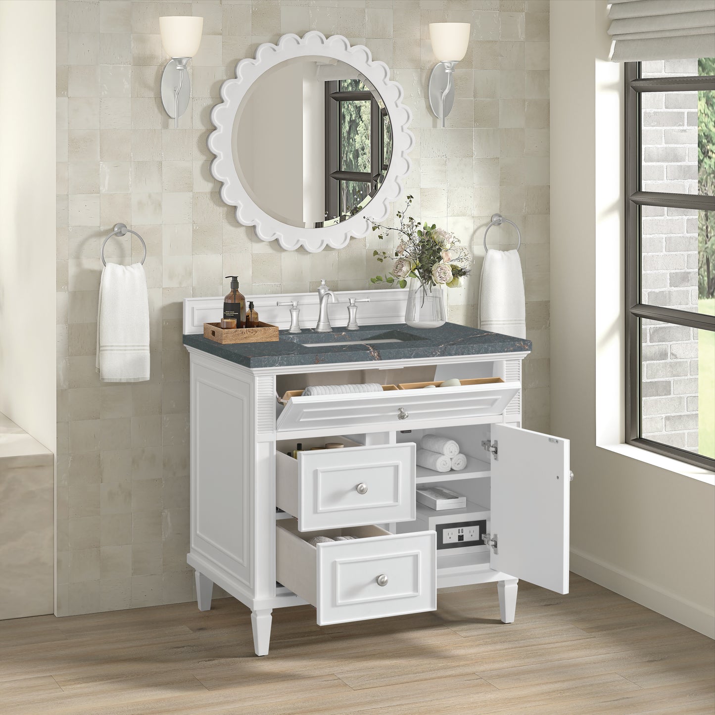 Renovate for Less Atlanta Lorelai 36" Single Vanity, Bright White w/ 3 CM Parisien Bleu Silestone Top