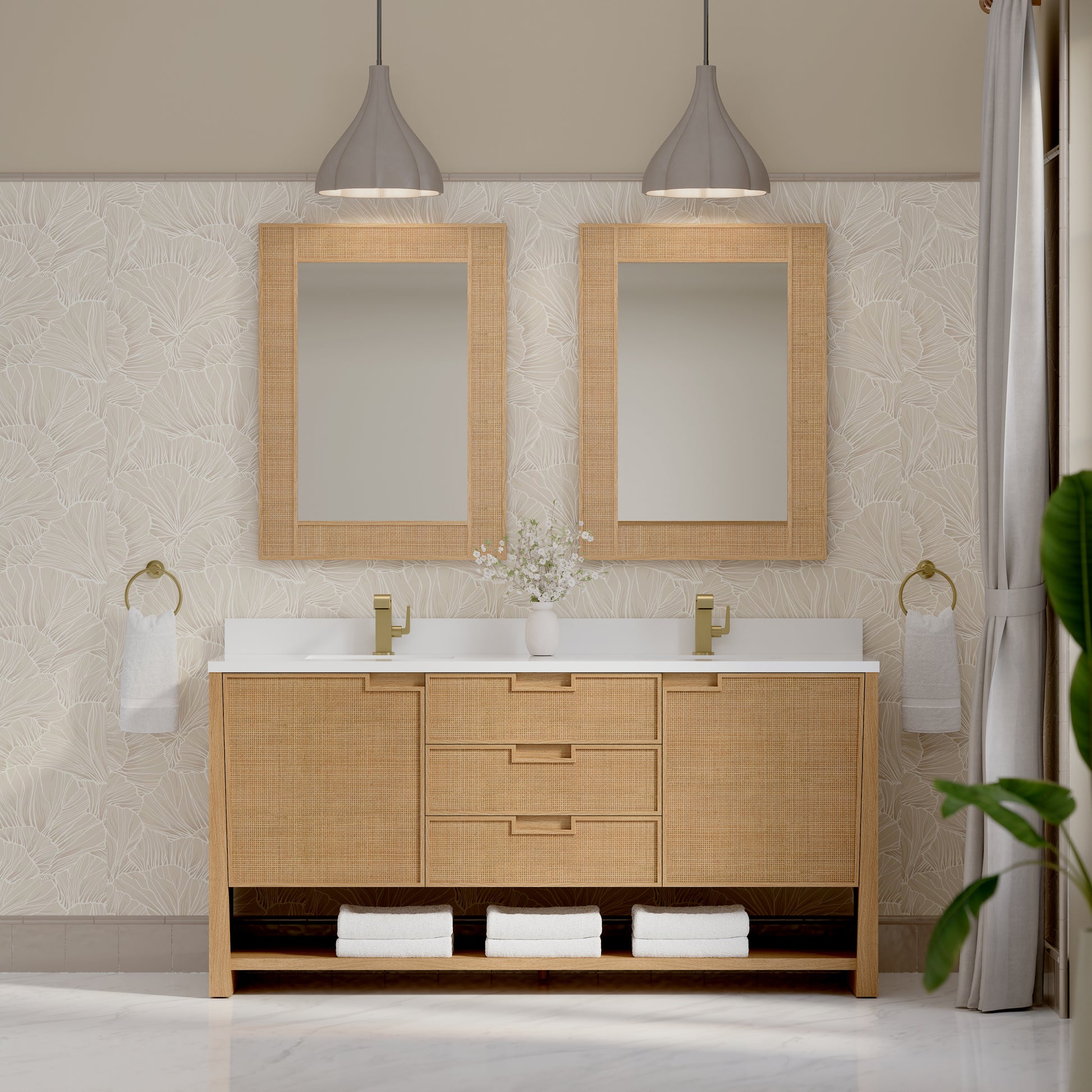Renovate for Less Atlanta Solene 72" Double Vanity, Seaside Oak, w/ Single Hole 3 CM White Zeus Quartz Top & Backsplash