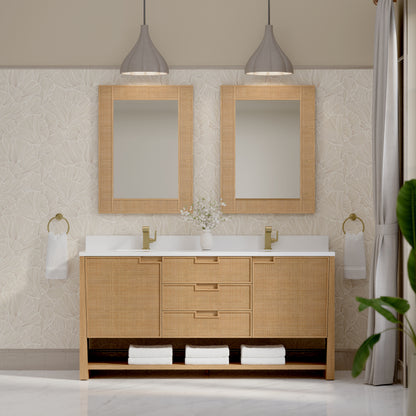 Renovate for Less Atlanta Solene 72" Double Vanity, Seaside Oak, w/ Single Hole 3 CM White Zeus Quartz Top & Backsplash