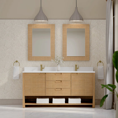 Solene 72" Double Vanity, Seaside Oak, w/ Single Hole 3 CM White Zeus Quartz Top & Backsplash