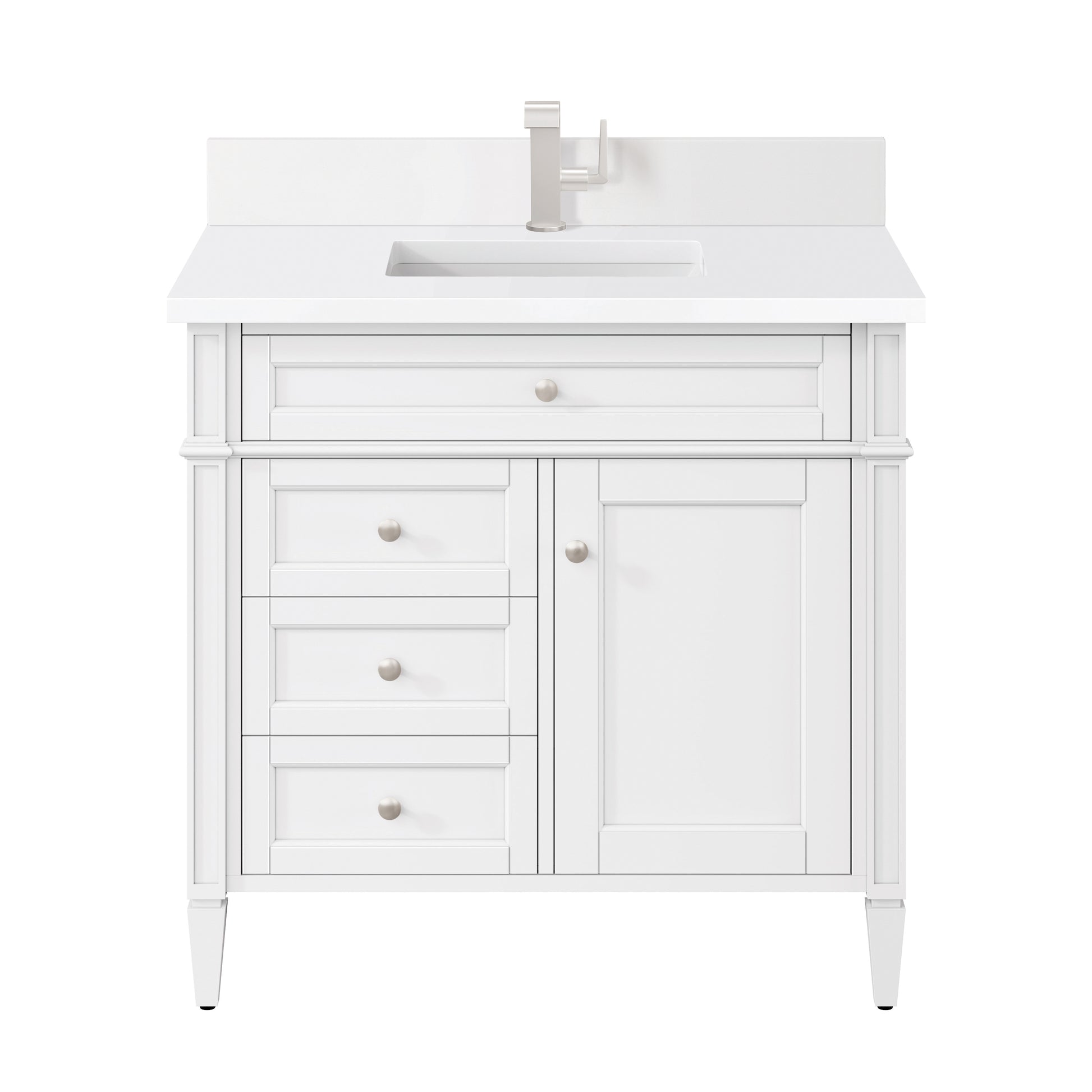 Renovate for Less Atlanta Brittany 36" Single Vanity, Bright White w/ Single Hole 3 CM White Zeus Silestone Top & Backsplash