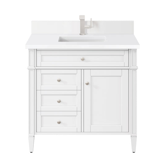 Renovate for Less Atlanta Brittany 36" Single Vanity, Bright White w/ Single Hole 3 CM White Zeus Silestone Top & Backsplash