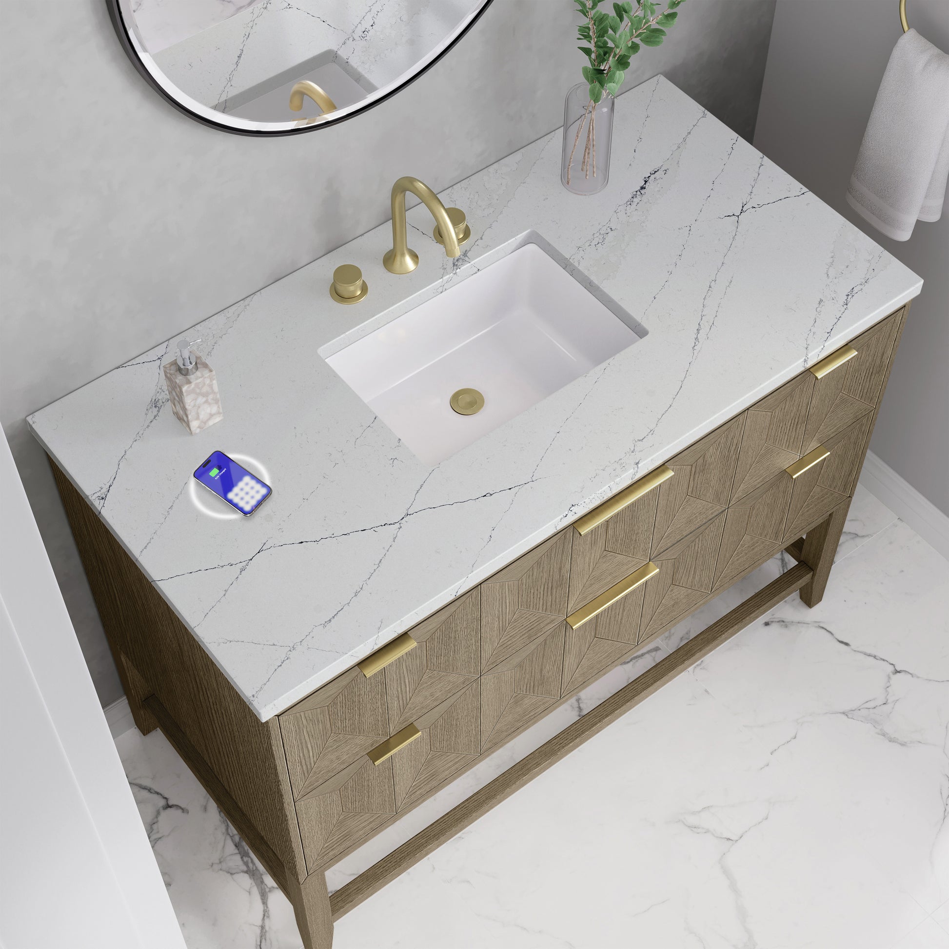 Renovate for Less Atlanta Emmeline 48" Single Vanity, Pebble Oak w/ 3 CM Ethereal Noctis Silestone Top w/ FreePower Wireless Charger