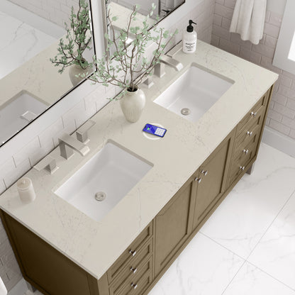 Renovate for Less Atlanta Chicago 60" Double Vanity, Walnut Whisper, w/ 3 CM Siberian Silestone Top w/FreePower Wireless Charger