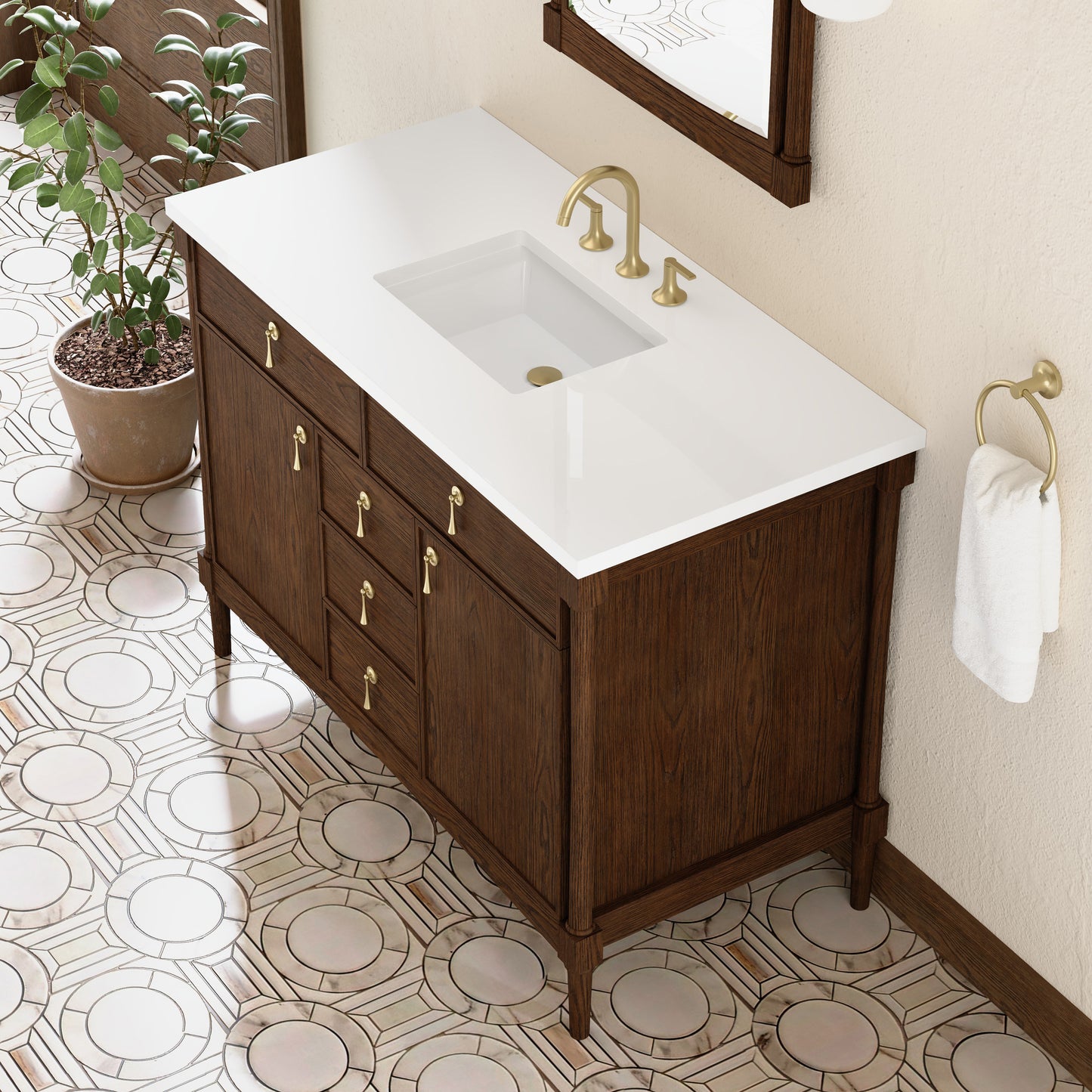 Renovate for Less Atlanta Kinnsden 48" Single Vanity, Sable Oak w/ 3 CM White Zeus Silestone Top