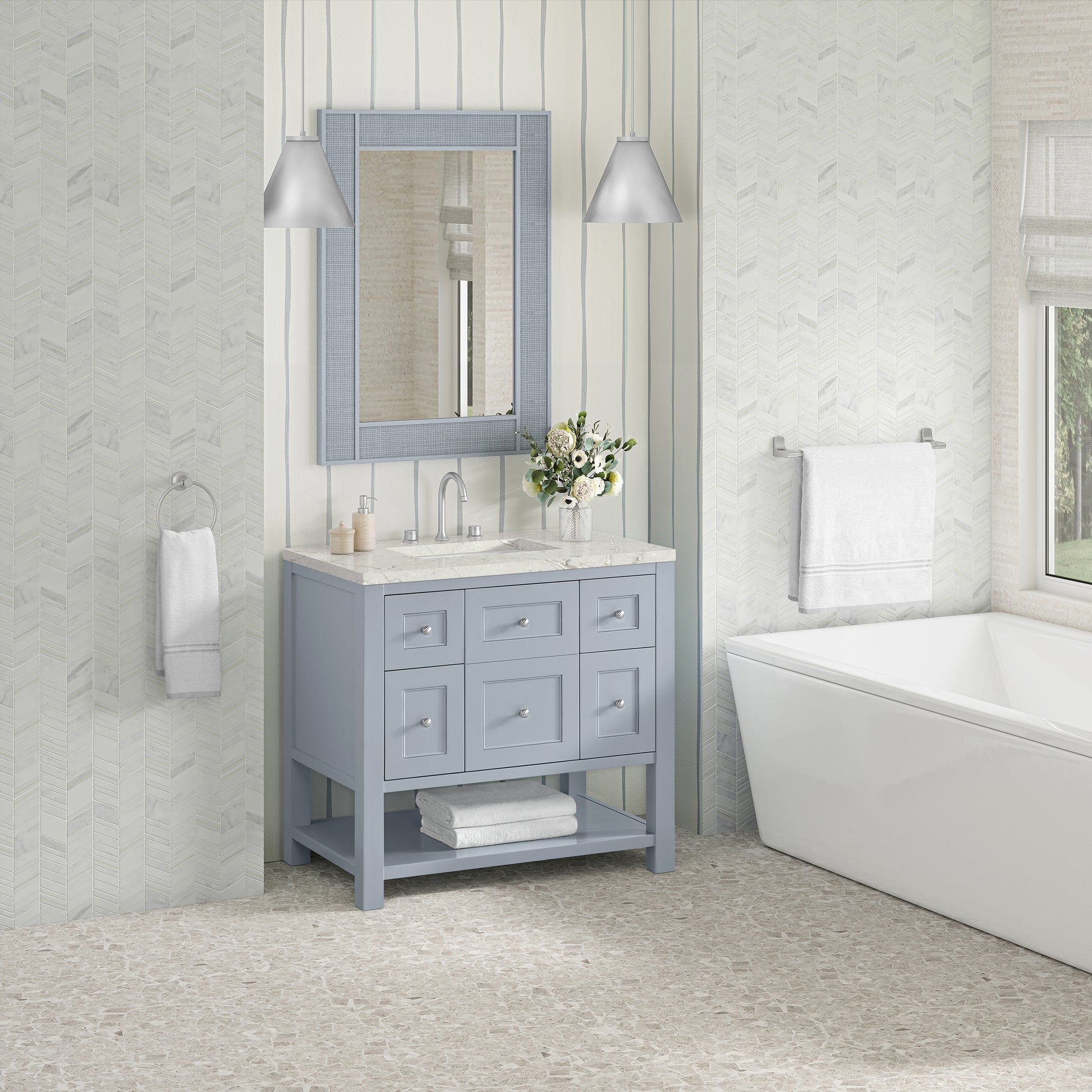 Renovate for Less Atlanta Breckenridge 36" Single Vanity, Serenity Blue, w/ 3 CM Victorian Silver Quartz Top