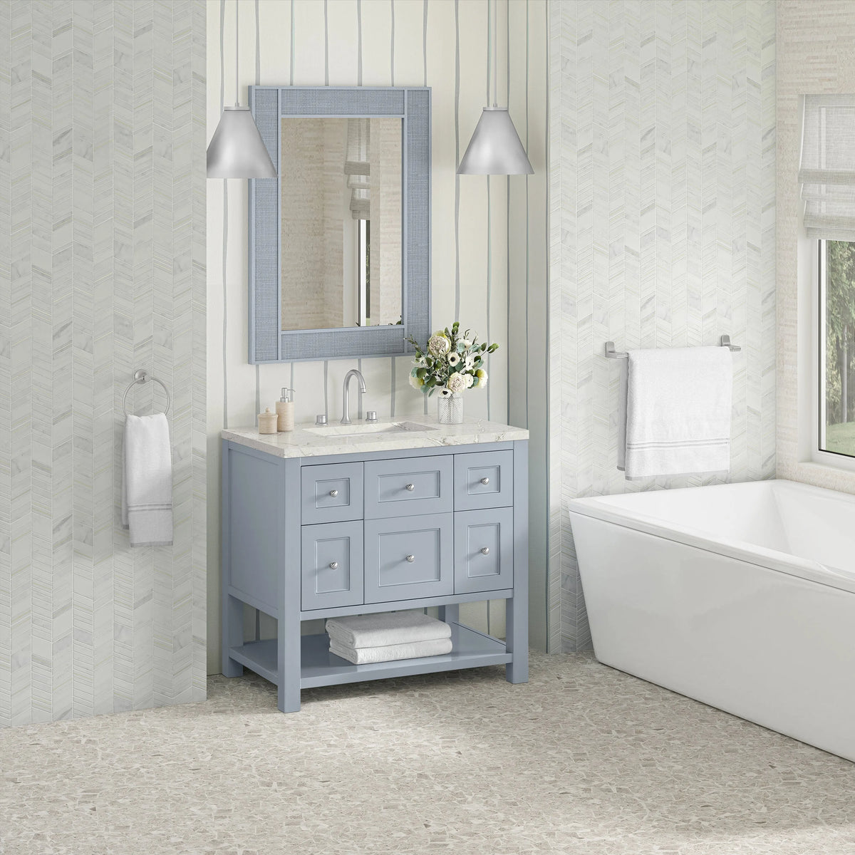 Breckenridge 36" Single Vanity, Serenity Blue, w/ 3 CM Victorian Silver Quartz Top