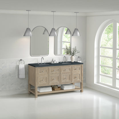 Renovate for Less Atlanta Breckenridge 60" Double Vanity, Whitewashed Oak, w/ 3 CM Charcoal Soapstone Quartz Top