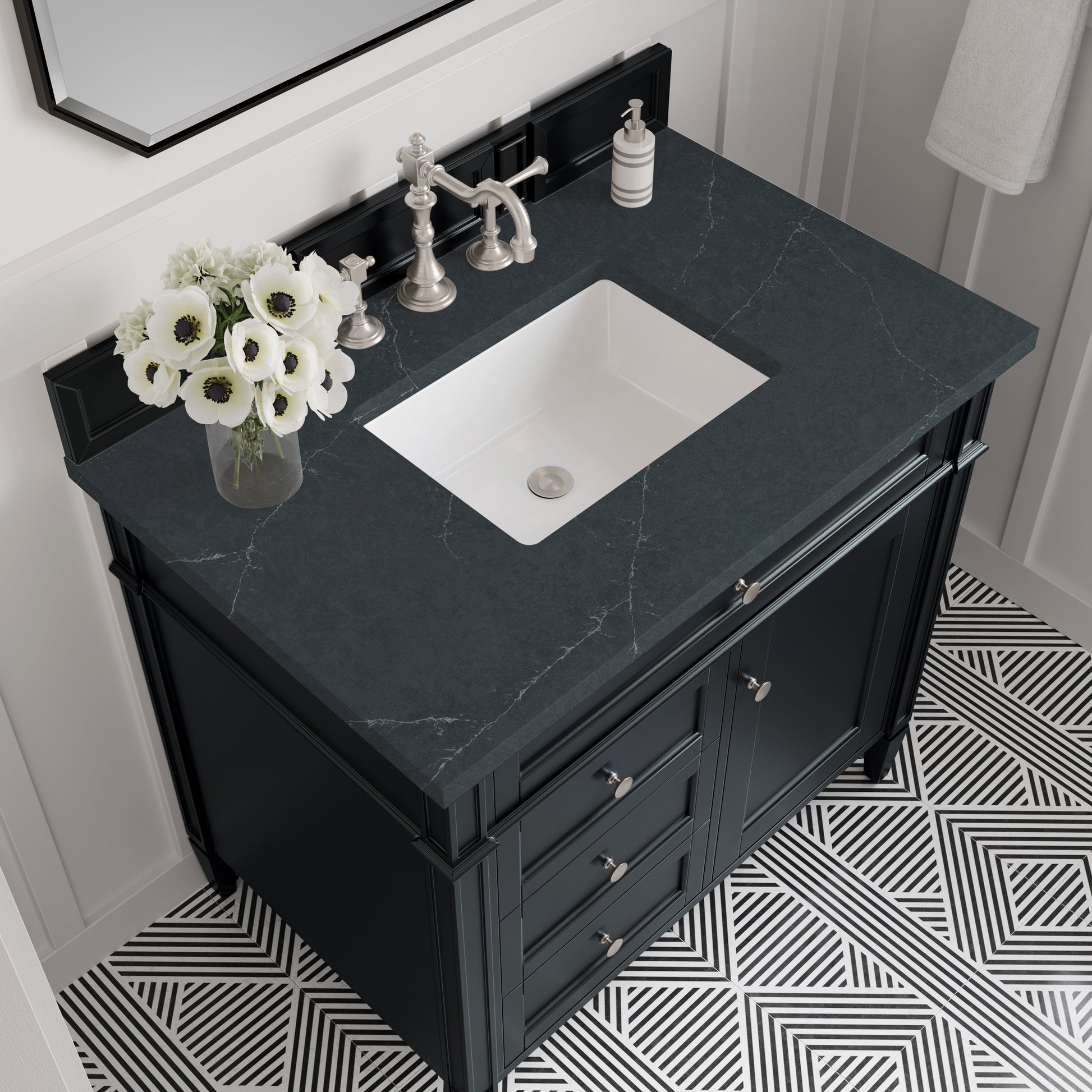 Renovate for Less Atlanta Brittany 36" Single Vanity, Black Onyx w/ 3 CM Charcoal Soapstone Silestone Top