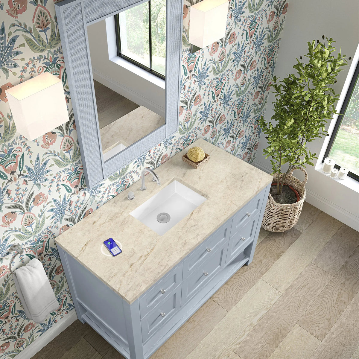 Breckenridge 48" Single Vanity, Serenity Blue, w/ 3 CM Tajnar Eclos Top w/FreePower Wireless Charger