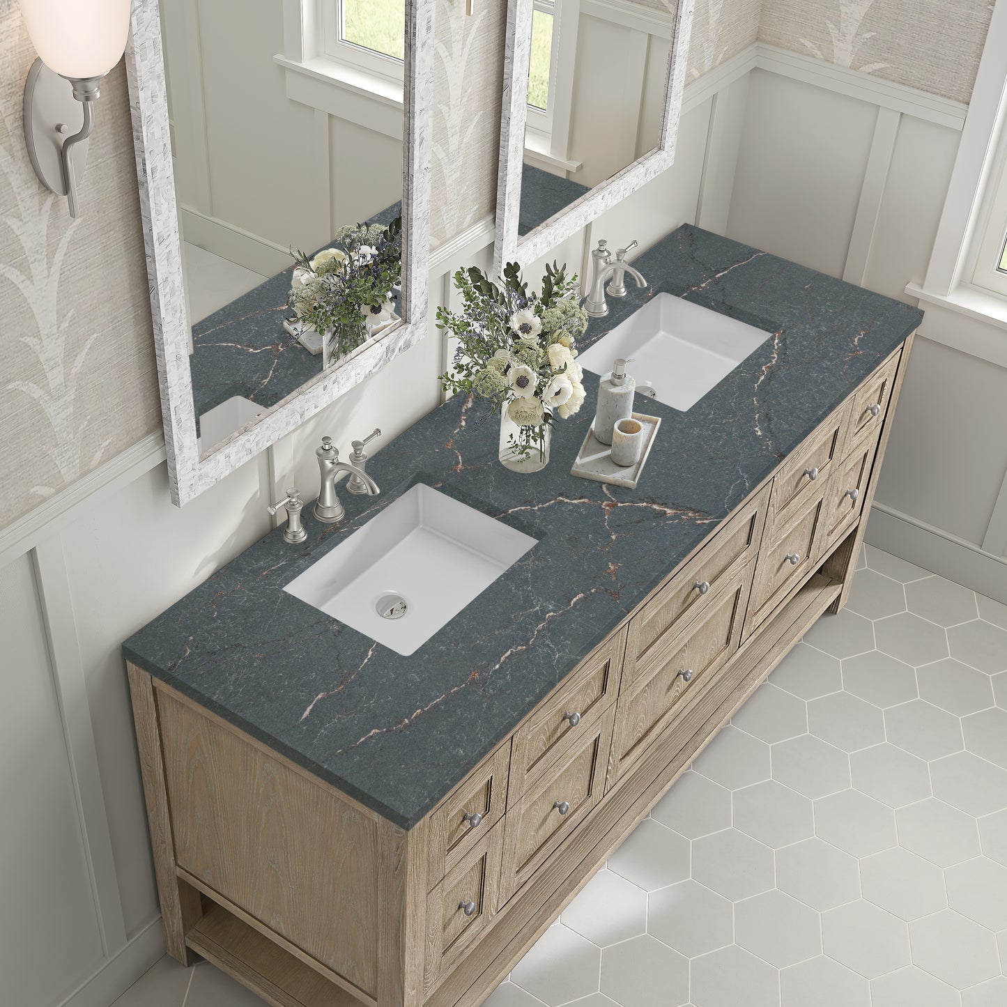 Renovate for Less Atlanta Breckenridge 72" Double Vanity, Whitewashed Oak w/ 3 CM Parisien Bleu Silestone Top