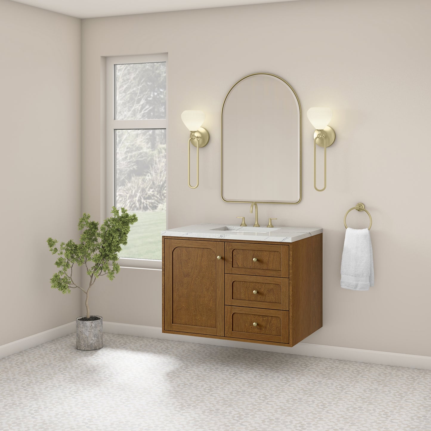 Renovate for Less Atlanta Laurent 36" Single Vanity, Honey Oak w/ 3 CM Ethereal Noctis Silestone Top