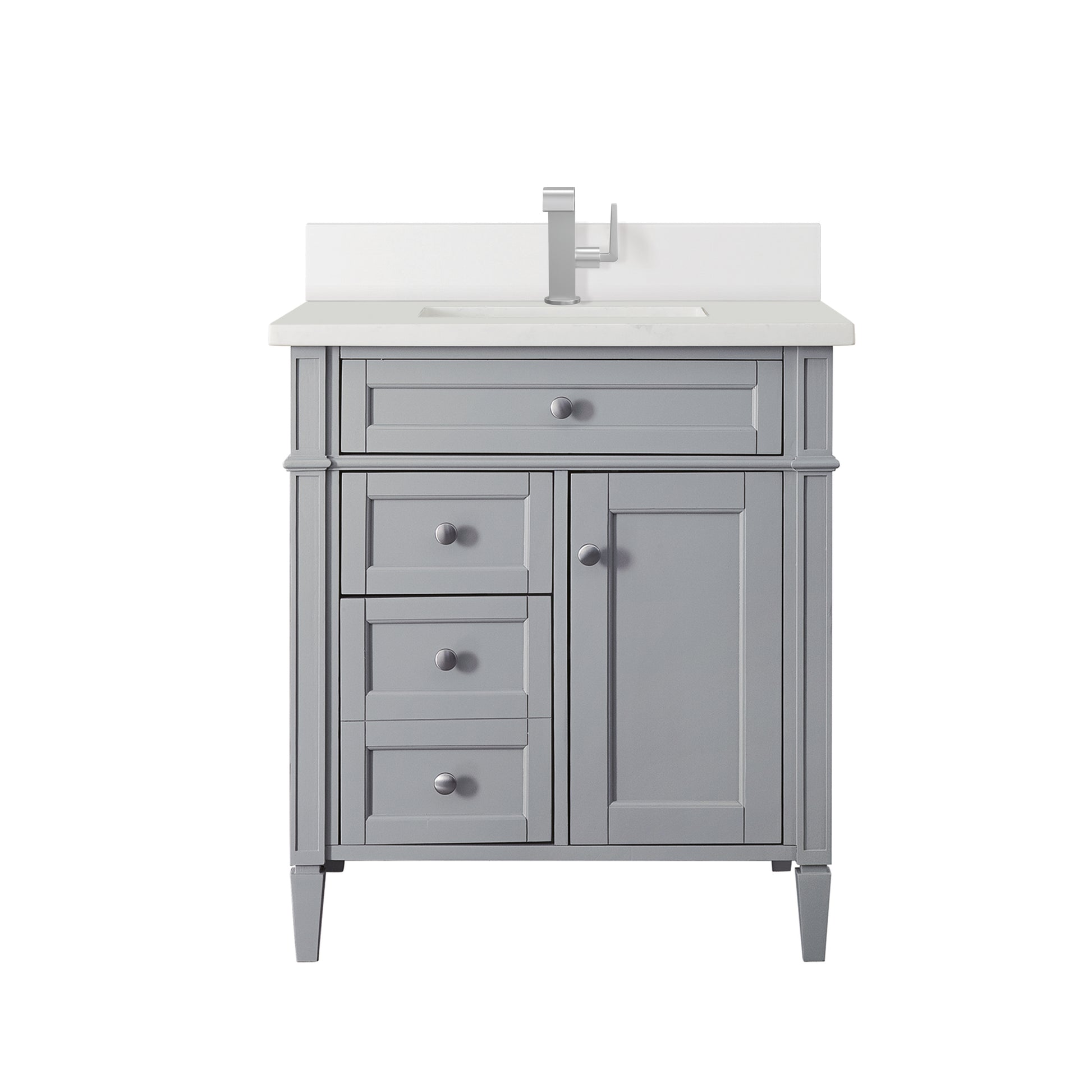 Renovate for Less Atlanta Brittany 30" Single Vanity, Urban Gray, w/ Single Hole 3 CM White Zeus Silestone Top & Backsplash